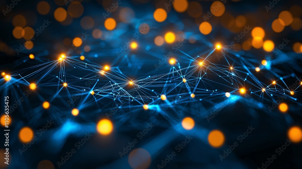 Poster A futuristic cityscape with blockchain technology symbolized by glowing digital pathways Stock Photo with side copy space