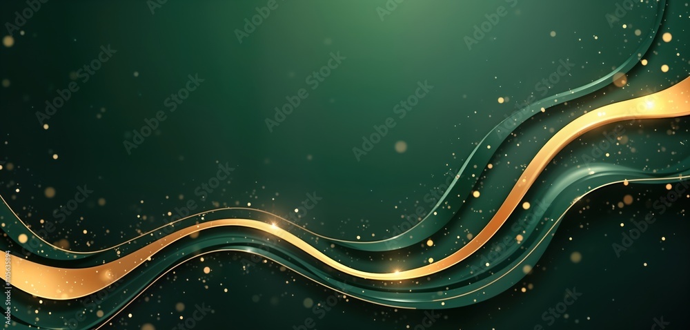 Poster dark green background with golden lines. luxury design with flowing golden lines. abstract illustrat