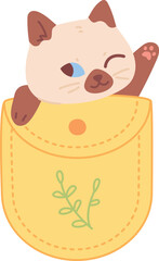 Kitten waving paw from pocket. Cute greeting baby cat