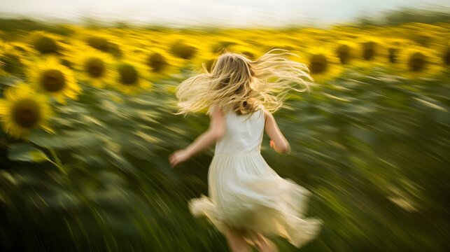 Young girl running through a sunflower field blurred AI generated illustration