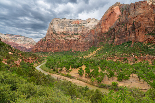 Zion valley and Virgin River seen from Kayenta trail, Zion National Park, Utah, United States of America, North America
