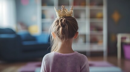 Obraz premium Young girl wearing a princess crown blurred cozy pla AI generated illustration