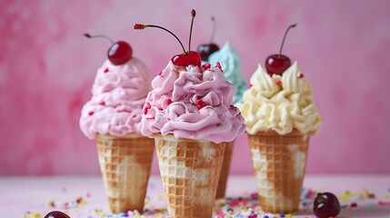 Colored whipped cream cones top with cherries and other ingredients
