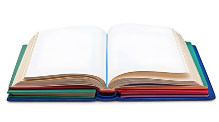 A stack of colorful books with blank pages on a white background, in a flat lay