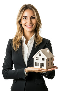 recommend clip art: Business woman in suit smiles,holding model house,transparent background,real estate concept,PNG