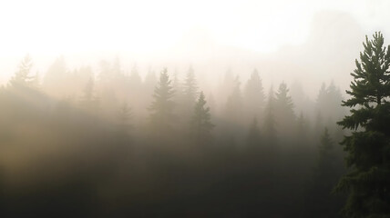 "Dense misty forest, soft light, retro vintage tones, serene atmosphere."