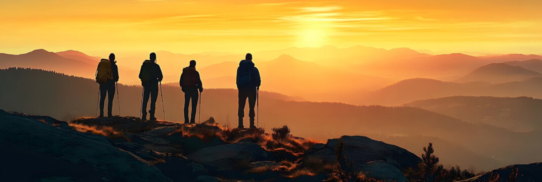 Four hikers stand on a mountaintop at sunset with a view of a mountain range.