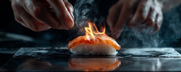 Chef Torching Luxurious Omakase Nigiri with Dramatic Smoke and Flame Effects