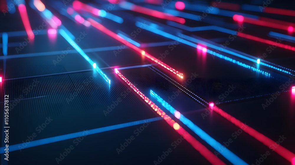 Poster abstract digital circuit design with vibrant neon lights showcasing electric flow, binary patterns, 