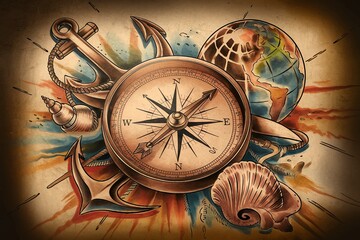 Fototapeta premium Artistic illustration of a compass with an anchor, globe, and seashell on a vintage background with copy space