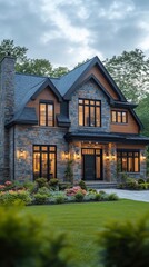 Obraz premium Luxurious Stone and Wood Cottage with Illuminated Windows at Dusk