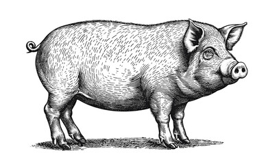 Pig, hog, boar. Vintage retro print, black white pig sketch ink pencil style drawing, linear drawing, engrave old school. Sketch artwork silhouette pig, hog, boar. Side view profile. Illustration
