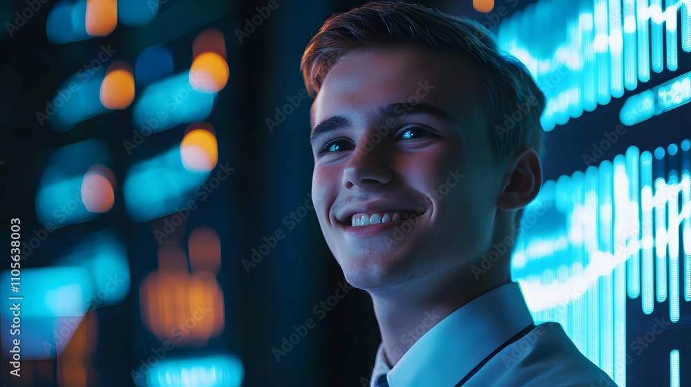 Aufkleber young trader smiling confidently in front of a glowi ai generated illustration