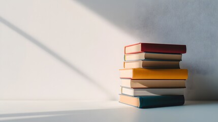 A stack of colorful books with blank pages on a white background, in a flat lay