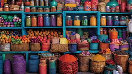 Vibrant market scene featuring colorful spices and fresh produce marrakesh morocco market photography lively urban environment close-up view cultural experience