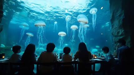 Family Dining in Underwater Restaurant Amid Captivating Jellyfish Drifting By