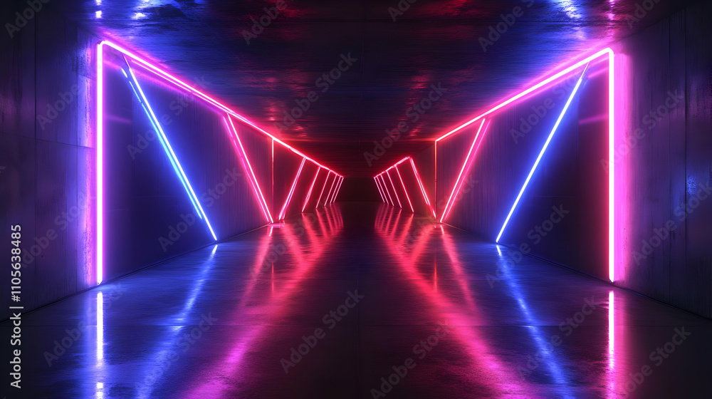 Poster abstract 3d neon lights illuminating a concrete tunnel with geometric patterns and a reflective floo