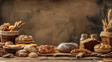Composition on a table of wood with a range of baked goods