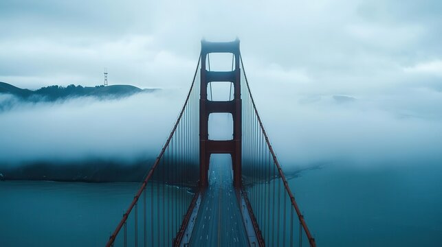 Dramatic fog embraces iconic golden gate bridge san francisco scenic landscape urban environment aerial viewpoint nature's mystique