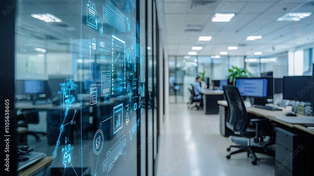 Poster A seamless collaboration between blockchain technology and IoT devices in a smart office Stock Photo with side copy space