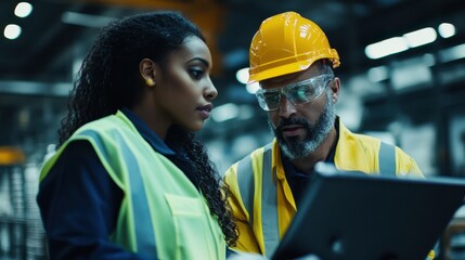 Team members collaborating in a warehouse setting while reviewing data on a tablet