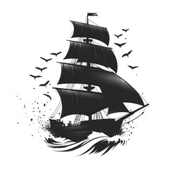 Black Silhouette Sailing Ship on Waves with Birds.