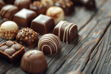 Assorted gourmet chocolate pralines with decorative toppings on rustic wooden surface