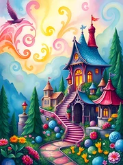 colorful old house castle full of positivity and Christmas vibes with colorful clouds and trees