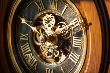 Close-Up of Grandfather Clock Gears and Pendulum