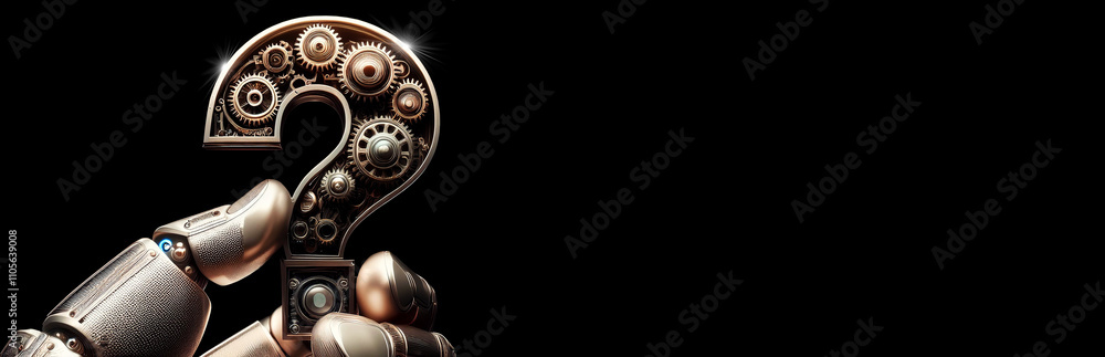 Fototapete closeup, macro photography of a robot hand holding a metallic question mark with metal gears inside,