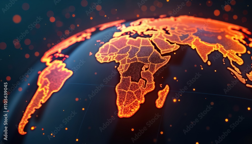 Poster Digital globe displays global connectivity. AI powered tech map highlights international connections. Global data visualized on 3d sphere. Innovative tech illustration represents global data