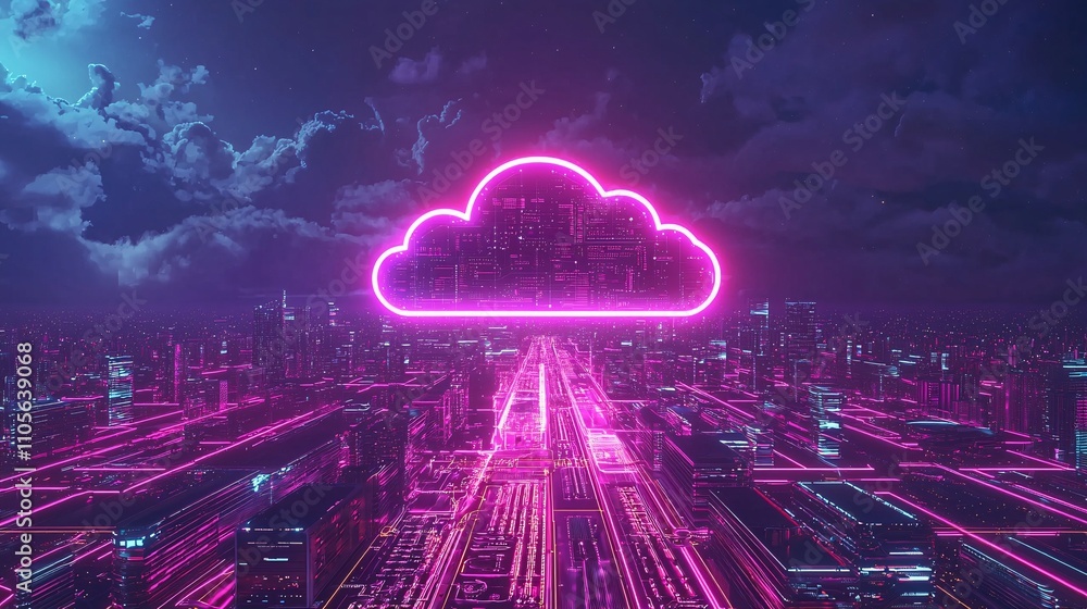Poster A futuristic data center showcasing interconnected cloud computing systems and scalable solutions Stock Photo with side copy space