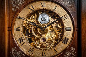 Obraz premium Golden Glow on the Inner Workings of a Timeless Grandfather Clock