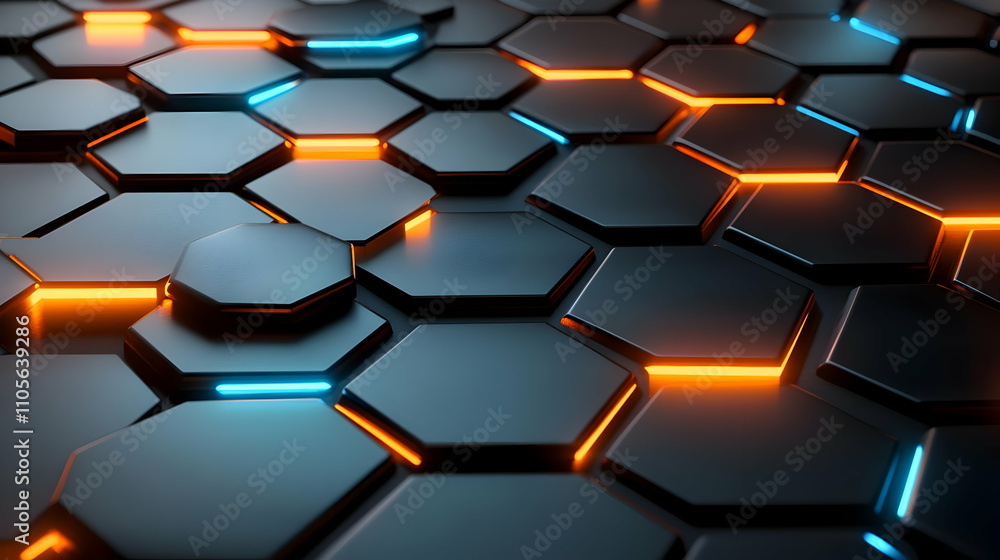 Poster 3d rendered abstract hexagon pattern with glowing orange and blue lines