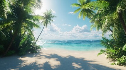 Idyllic tropical beach scene with palm trees, white sand, and turquoise ocean under a bright sunny sky.