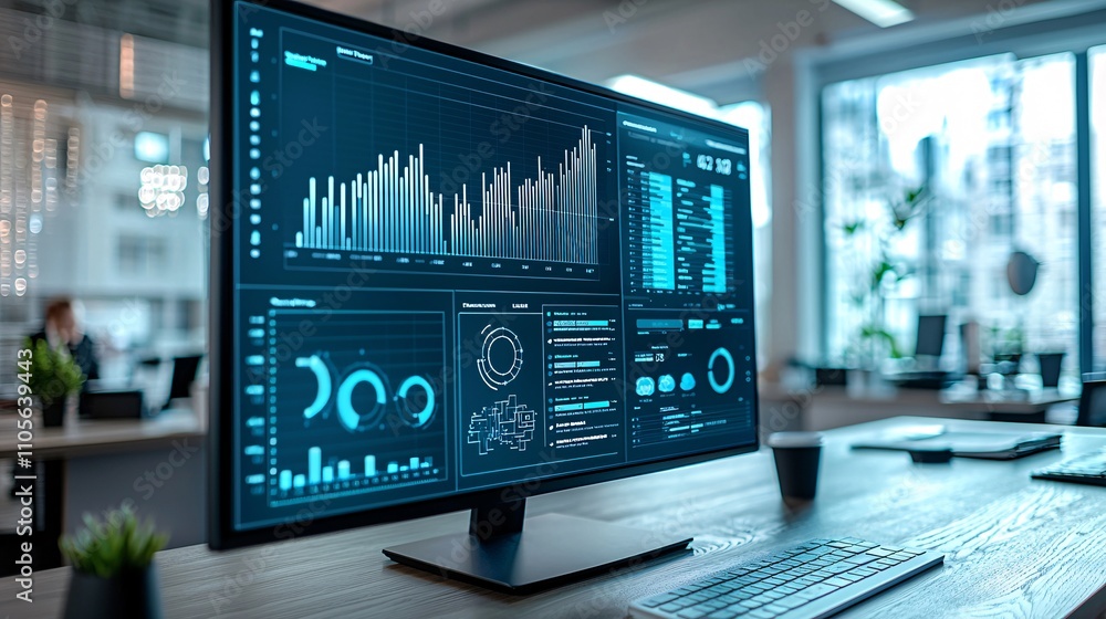 Poster A modern workspace featuring cloud technology interfaces and scalability dashboards Stock Photo with side copy space