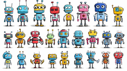 Collection of 29 Cartoon Robots with Different Designs and Colors