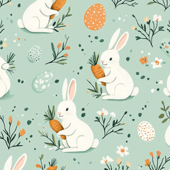 Whimsical Spring Design with Bunnies, Carrots, and Floral Accents