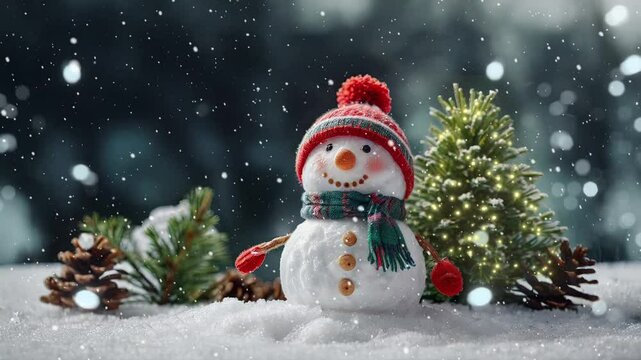 little snowman and Christmas tree on the snow with Christmas decoration and lightning in the winter. Winter holiday background. snowman with hat and scarf. snowy landscape in the forest 4K loop