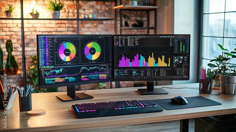 Poster computer desk with two monitors and a keyboard