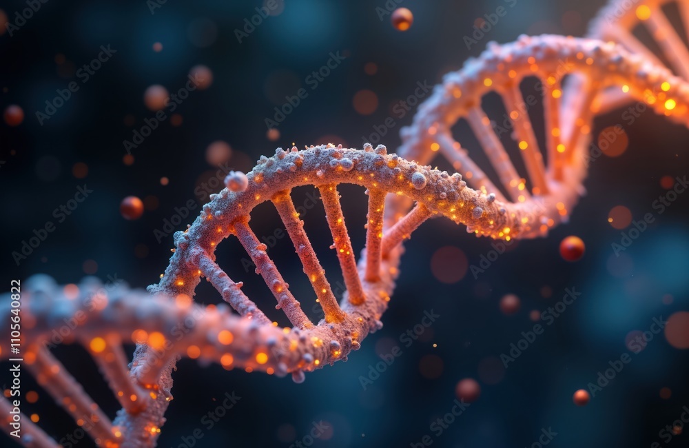 Poster glowing 3d dna helix close-up on dark background. molecular structure detailed view. futuristic medi
