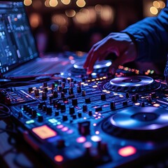 Obraz premium A DJ mixing music with turntables and a laptop in a vibrant, illuminated environment.