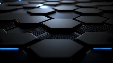 Obraz premium Abstract 3D Render of Black Hexagon Pattern with Subtle Blue Glowing Lines