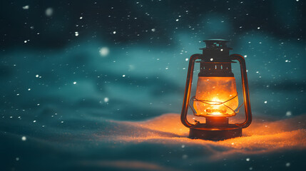 A Majestic Scene of Isolation with a Glowing Lantern in a Vast Snowfield Under a Starry Night