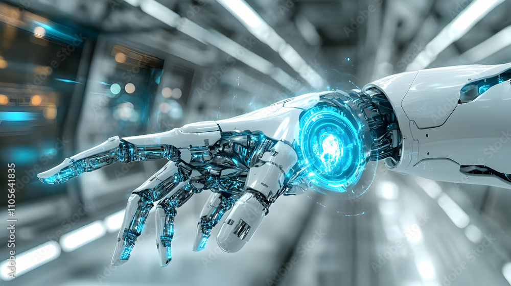 Poster a robotic hand with glowing blue lights extends towards the viewer in a futuristic setting