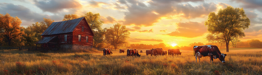 Rustic barn at sunset with cows grazing in a golden field.