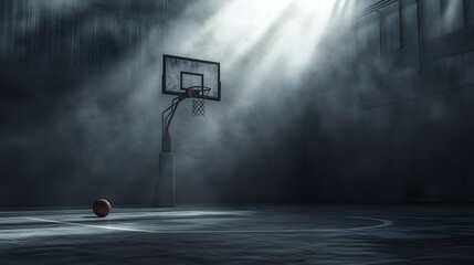 Lonely Basketball Hoop In A Darkened Gym