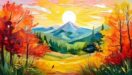 Stunning autumn landscape featuring vibrant trees, golden grass, and a serene mountain backdrop under a radiant sunset sky.
