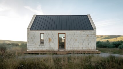 Obraz premium Rustic Minimalist Cabin with Natural Stone Walls in Scenic Landscape