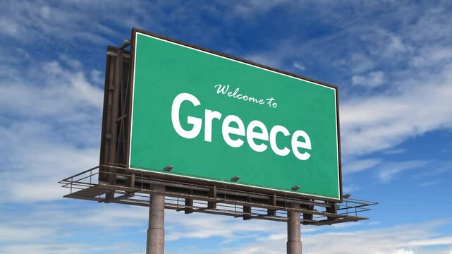 Welcome To Greece Road Sign. Airplane Landing Greece.
